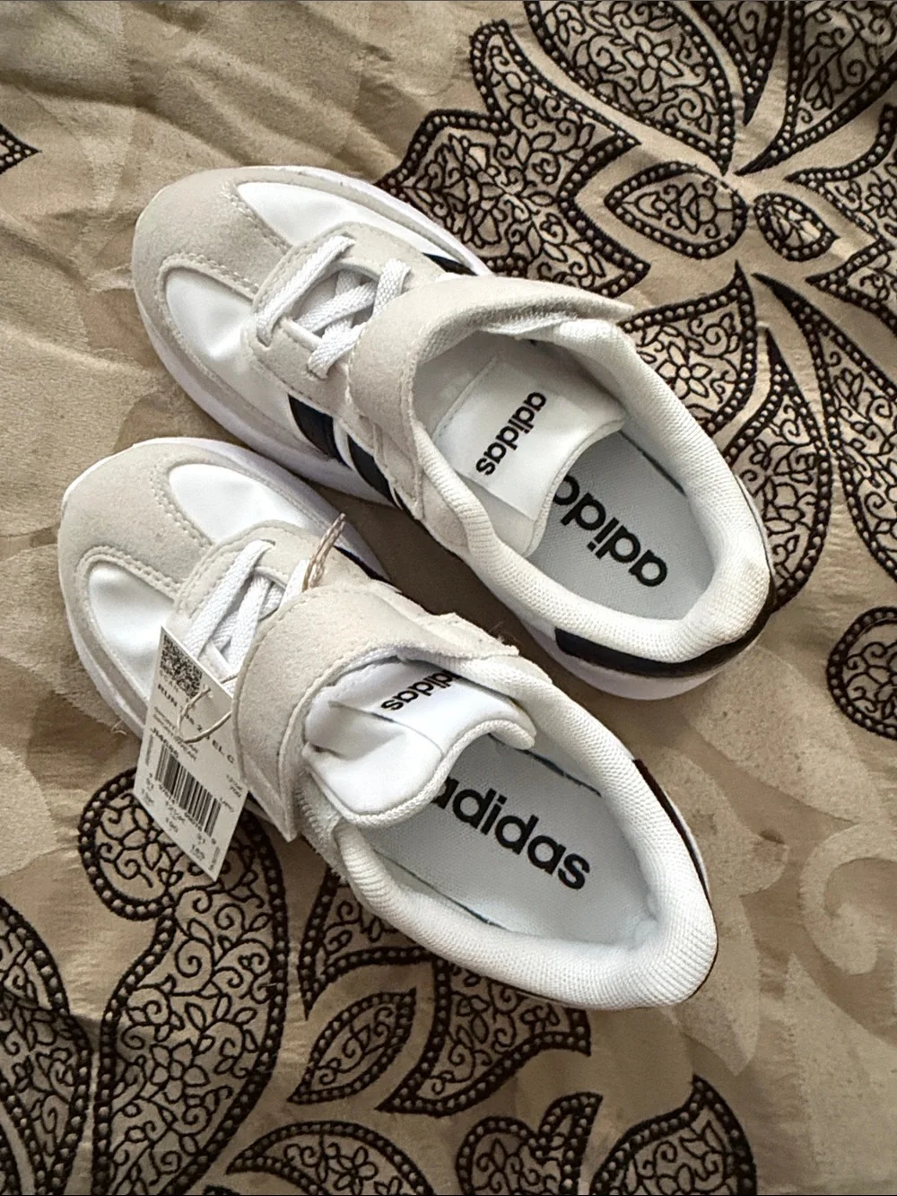 adidas Kids White and Black Velcro Sneakers with Suede Accents